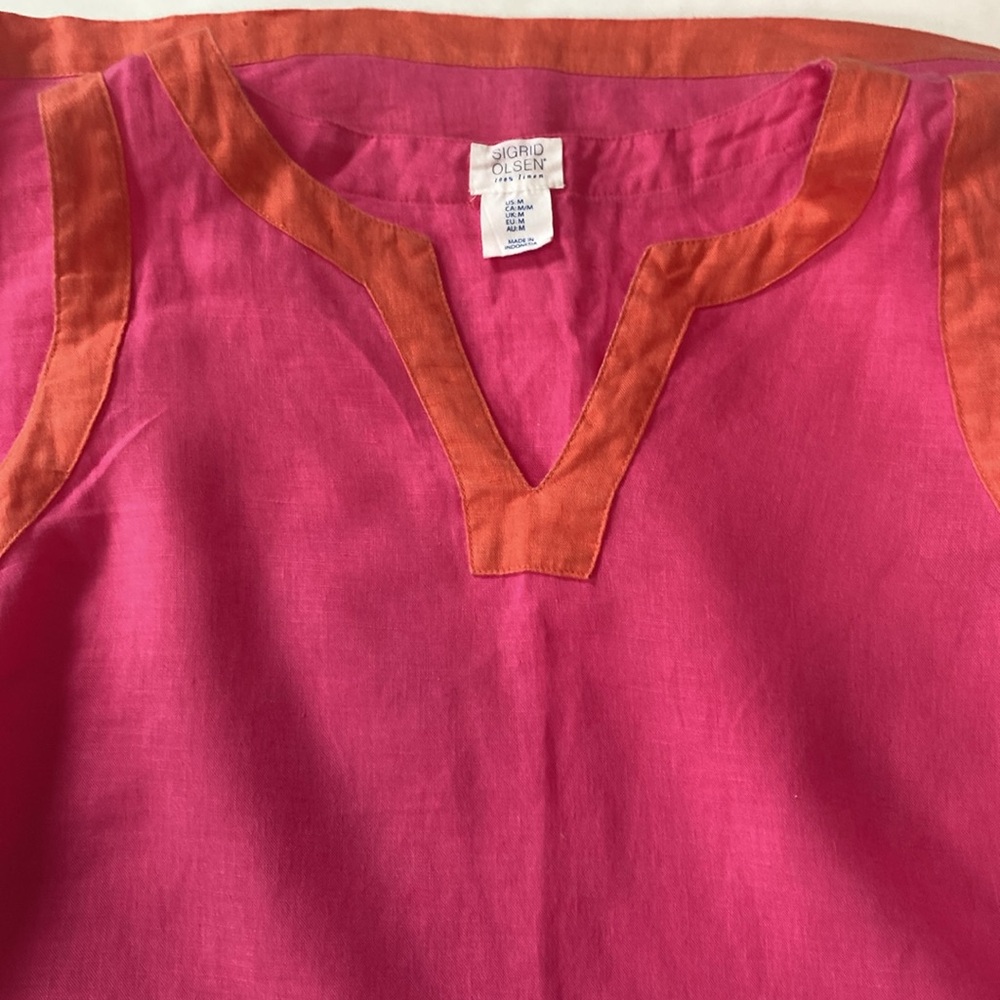 Linen Hot Pink with Orange Trim Sigrid Olsen Shift Dress - Picture 5 of 5